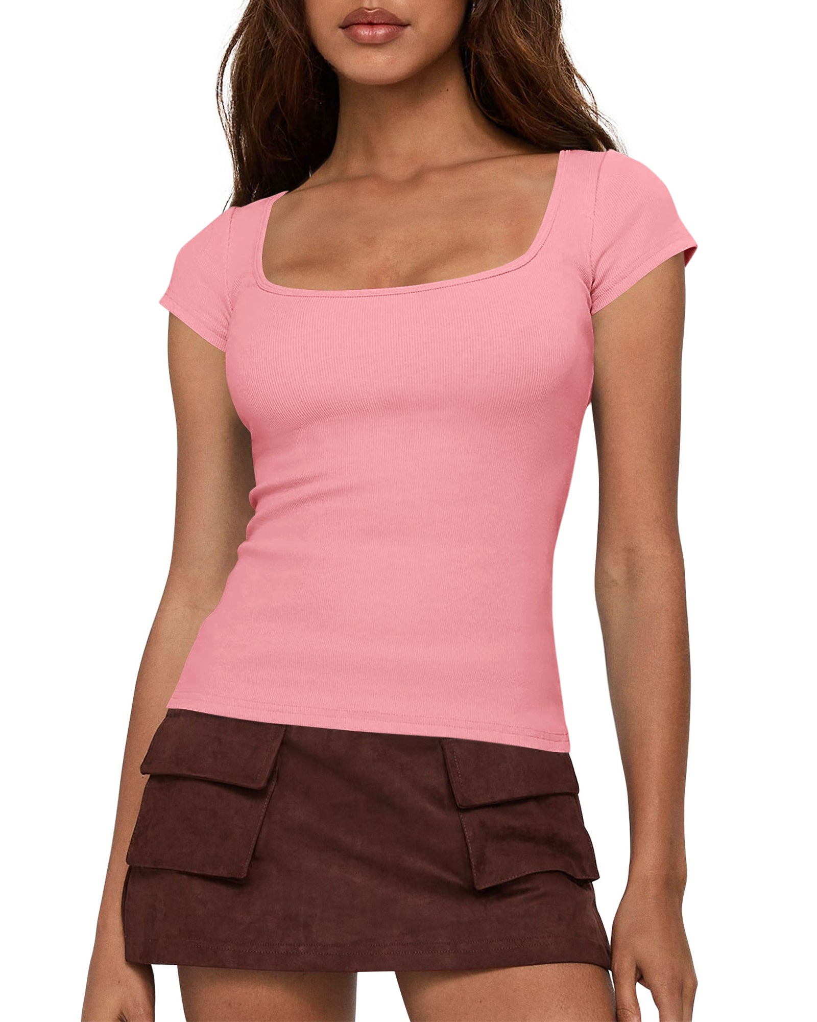 BTFBM T Shirts for Women Square Neck Crop Tops 2025 Spring Trendy Fashion Going Out Workout Y2k Clothes Summer Outfits