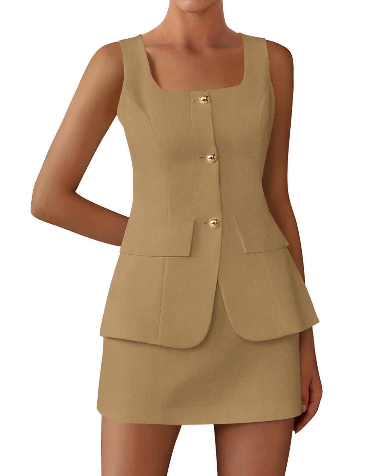 BTFBM 2 Piece Sets For Women Summer 2026 Spring Sleeveless Button Up Blazer Vest Tops Skirt Sets Business Casual Outfits