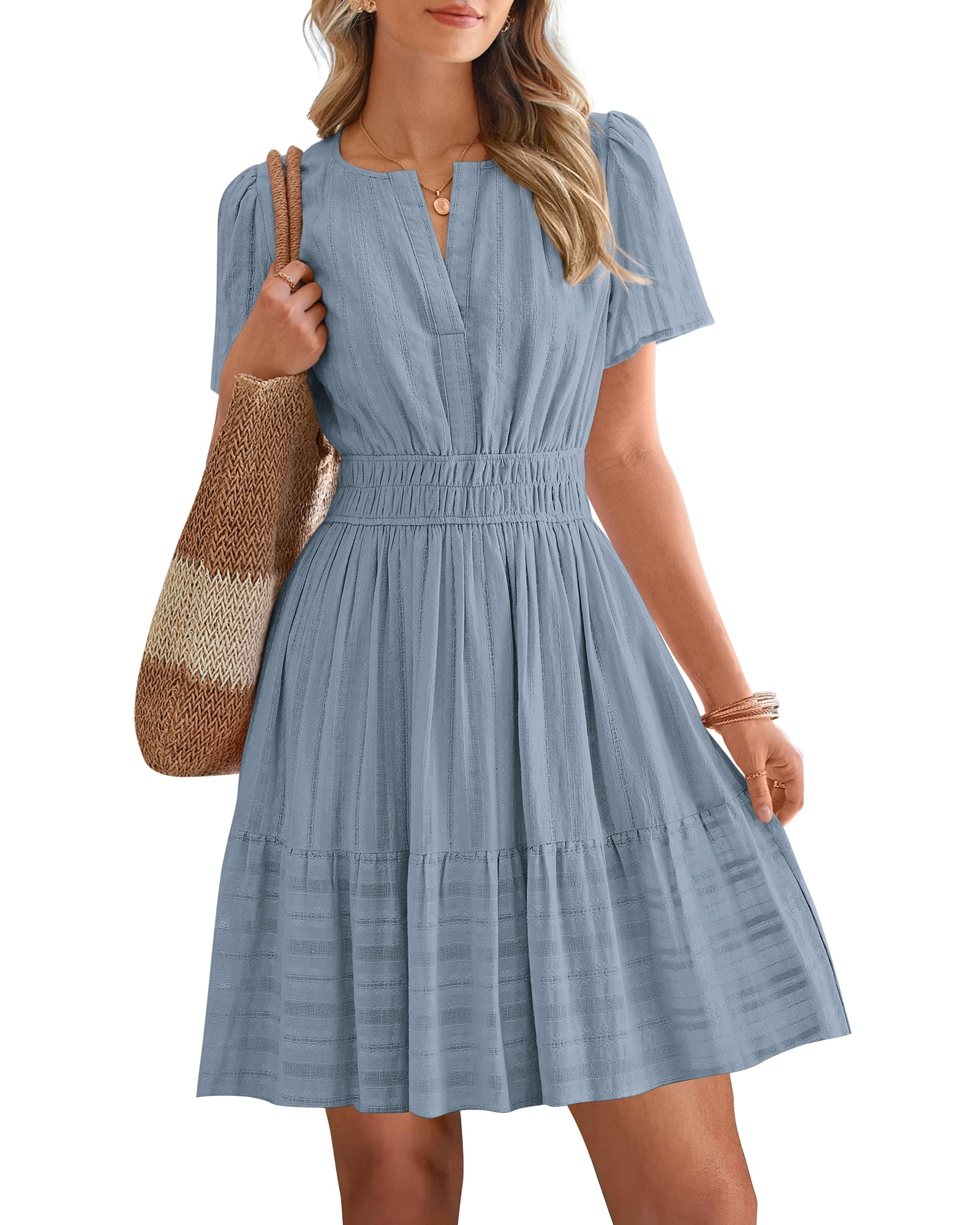 BTFBM Womens Spring 2026 Casual Mini Dresses Lightweight Short Sleeve V Neck Elastic Waist Cute Boho Beach Dress Pockets