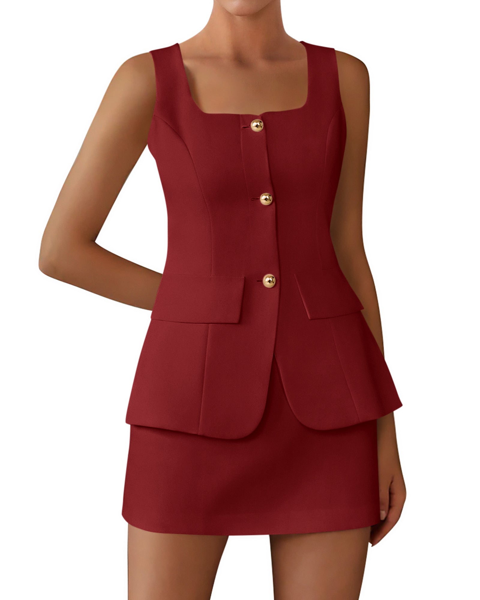 BTFBM 2 Piece Sets For Women Summer 2026 Spring Sleeveless Button Up Blazer Vest Tops Skirt Sets Business Casual Outfits