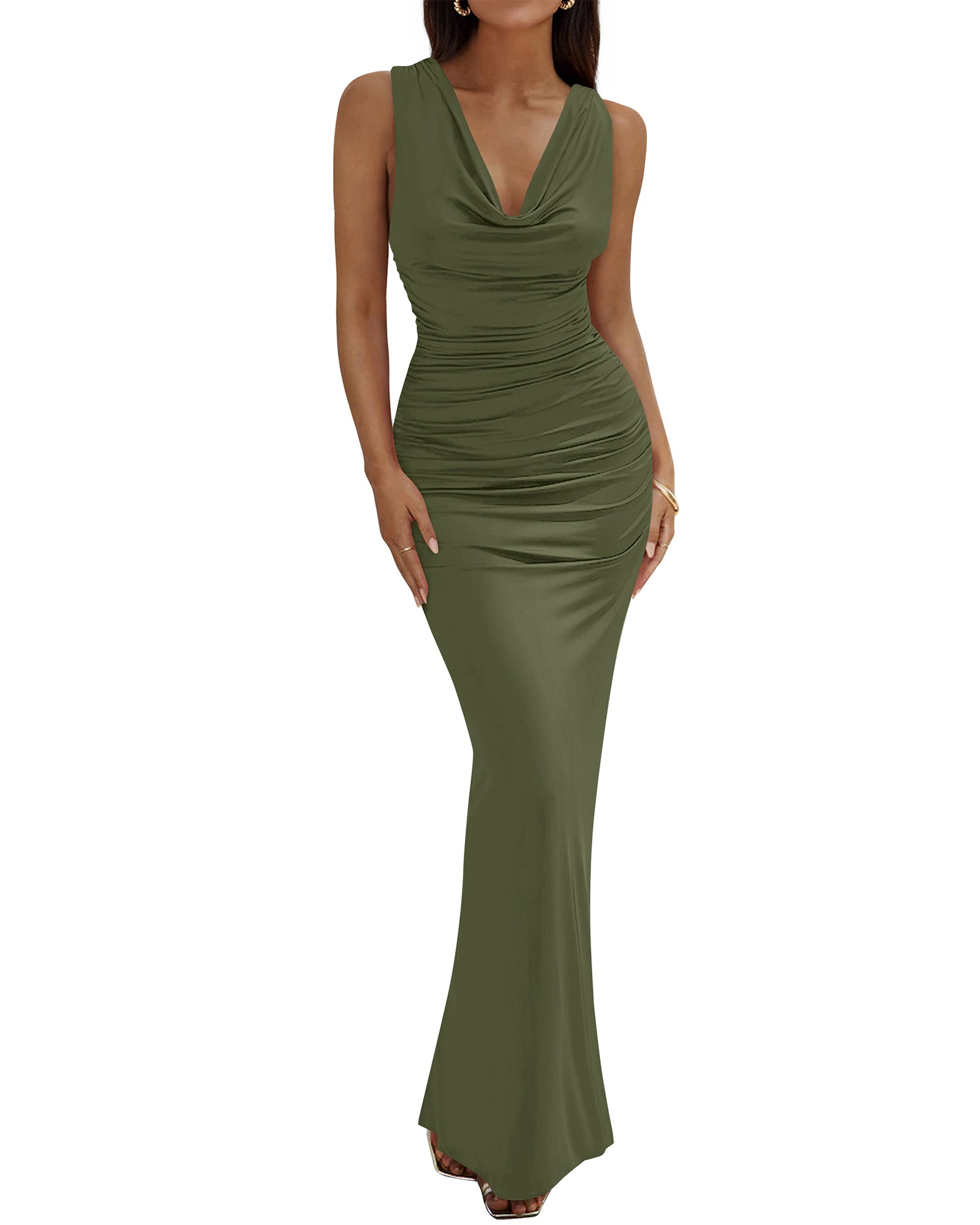 BTFBM Cocktail Dresses For Women Summer 2025 Cowl Neck Sleeveless Ruched Slim Fit Maxi Formal Wedding Guest Dress