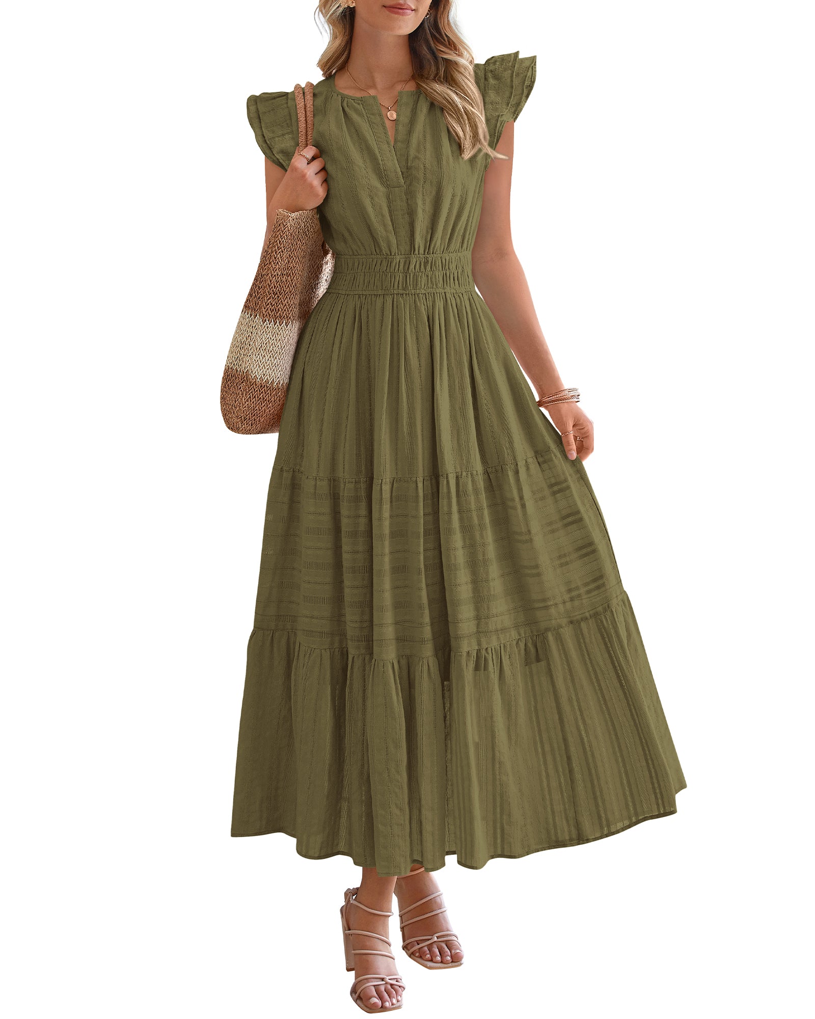 BTFBM Dresses for Women Spring 2026 Maxi Casual Dress Flutter Short Sleeve V Neck Elastic Waist Boho Beach Vacation Pockets