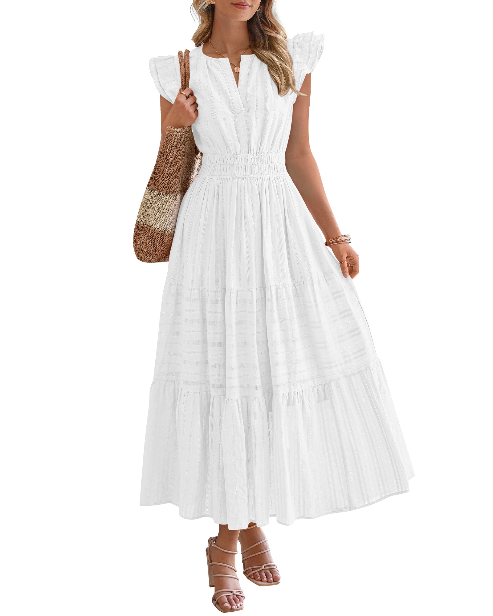 BTFBM Dresses for Women Spring 2026 Maxi Casual Dress Flutter Short Sleeve V Neck Elastic Waist Boho Beach Vacation Pockets