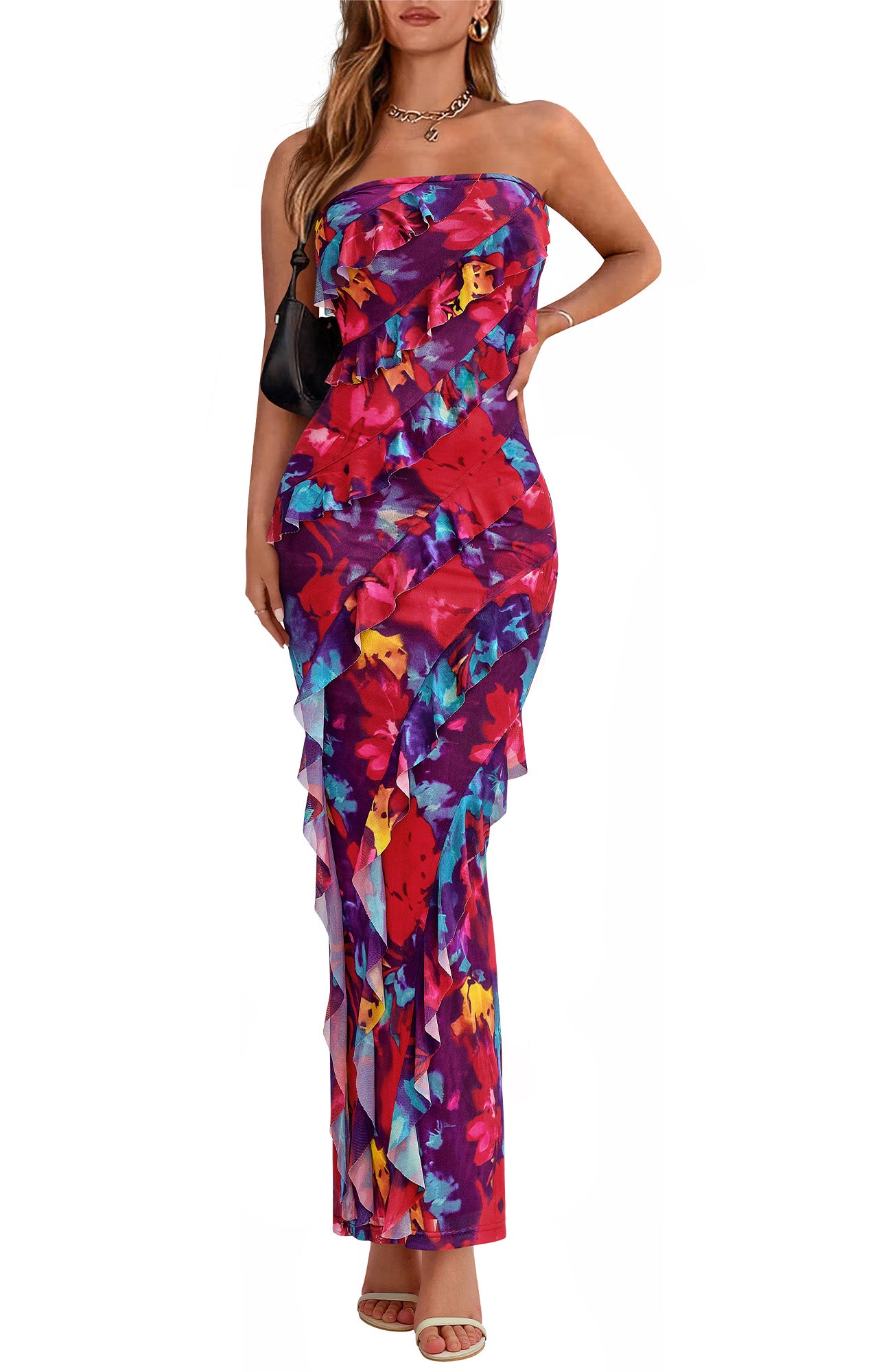 BTFBM Spring Dresses for Women 2025 Strapless Maxi Ruched Bodycon Floral Ruffle Cocktail Formal Wedding Guest Dress