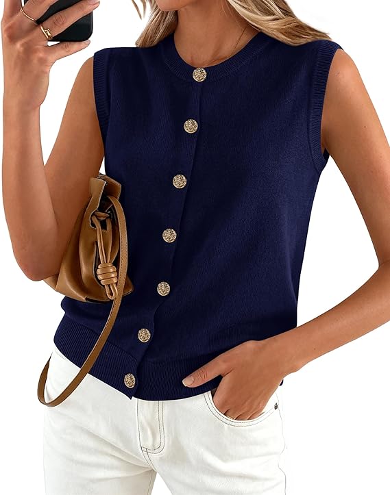 BTFBM Sweater Vest Women Casual Crewneck Button Down Knit Sleeveless Cardigan 2026 Spring Clothes Summer Vests Tops