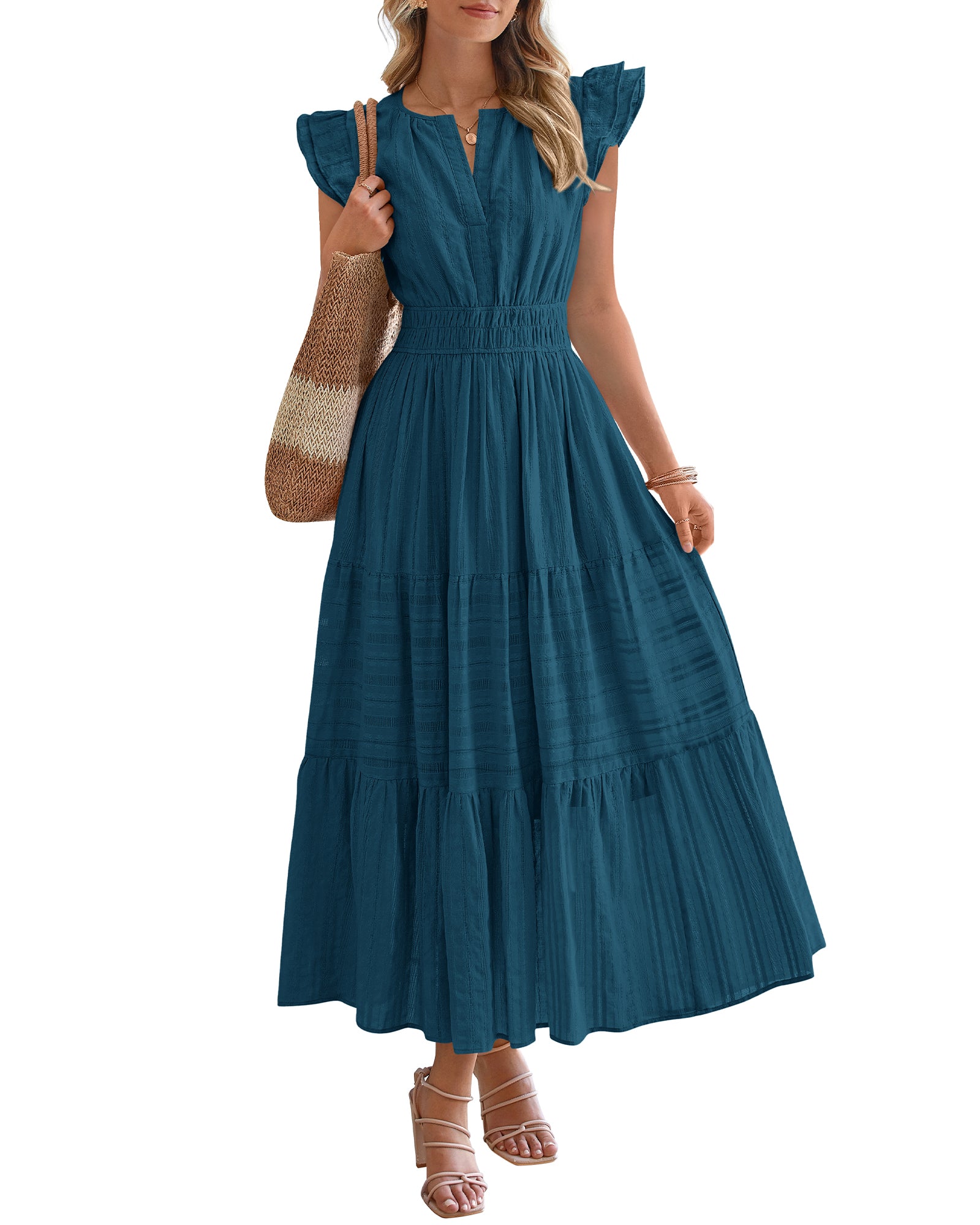 BTFBM Dresses for Women Spring 2026 Maxi Casual Dress Flutter Short Sleeve V Neck Elastic Waist Boho Beach Vacation Pockets