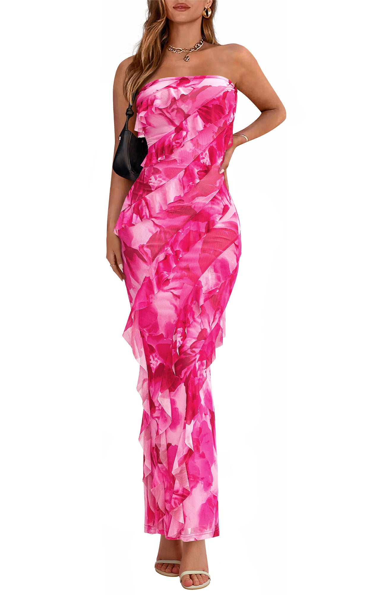 BTFBM Spring Dresses for Women 2025 Strapless Maxi Ruched Bodycon Floral Ruffle Cocktail Formal Wedding Guest Dress