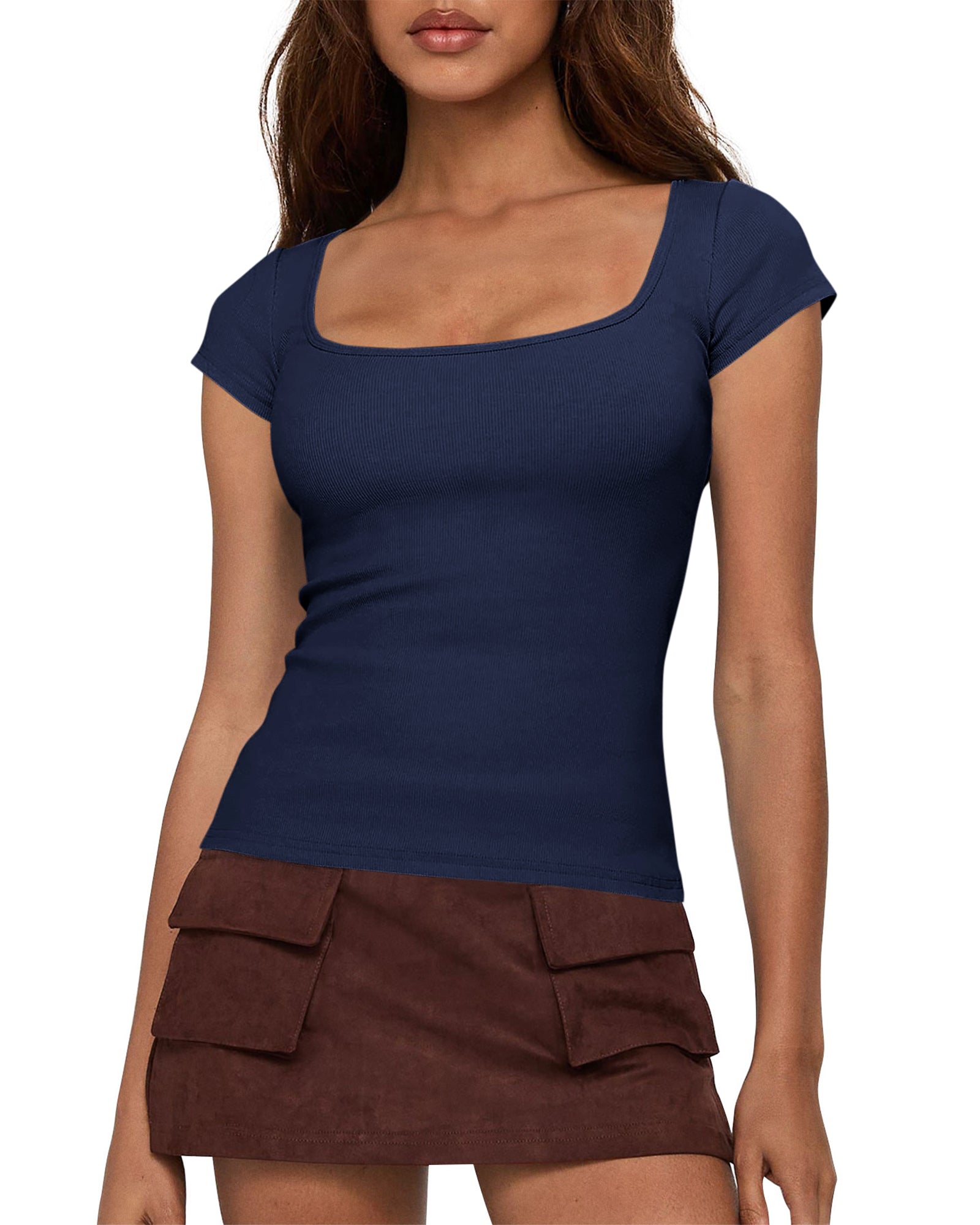 BTFBM T Shirts for Women Square Neck Crop Tops 2025 Spring Trendy Fashion Going Out Workout Y2k Clothes Summer Outfits