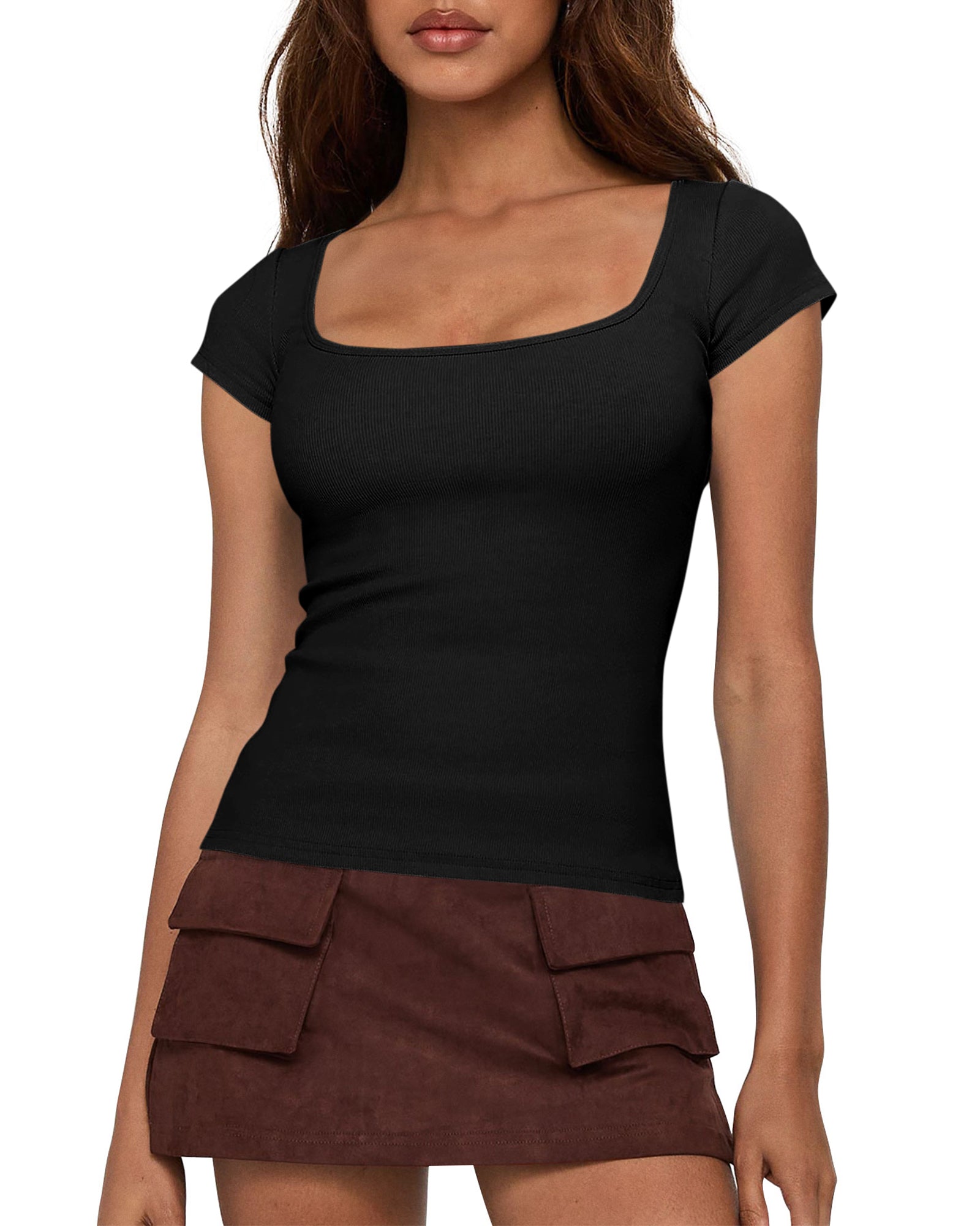 BTFBM T Shirts for Women Square Neck Crop Tops 2025 Spring Trendy Fashion Going Out Workout Y2k Clothes Summer Outfits