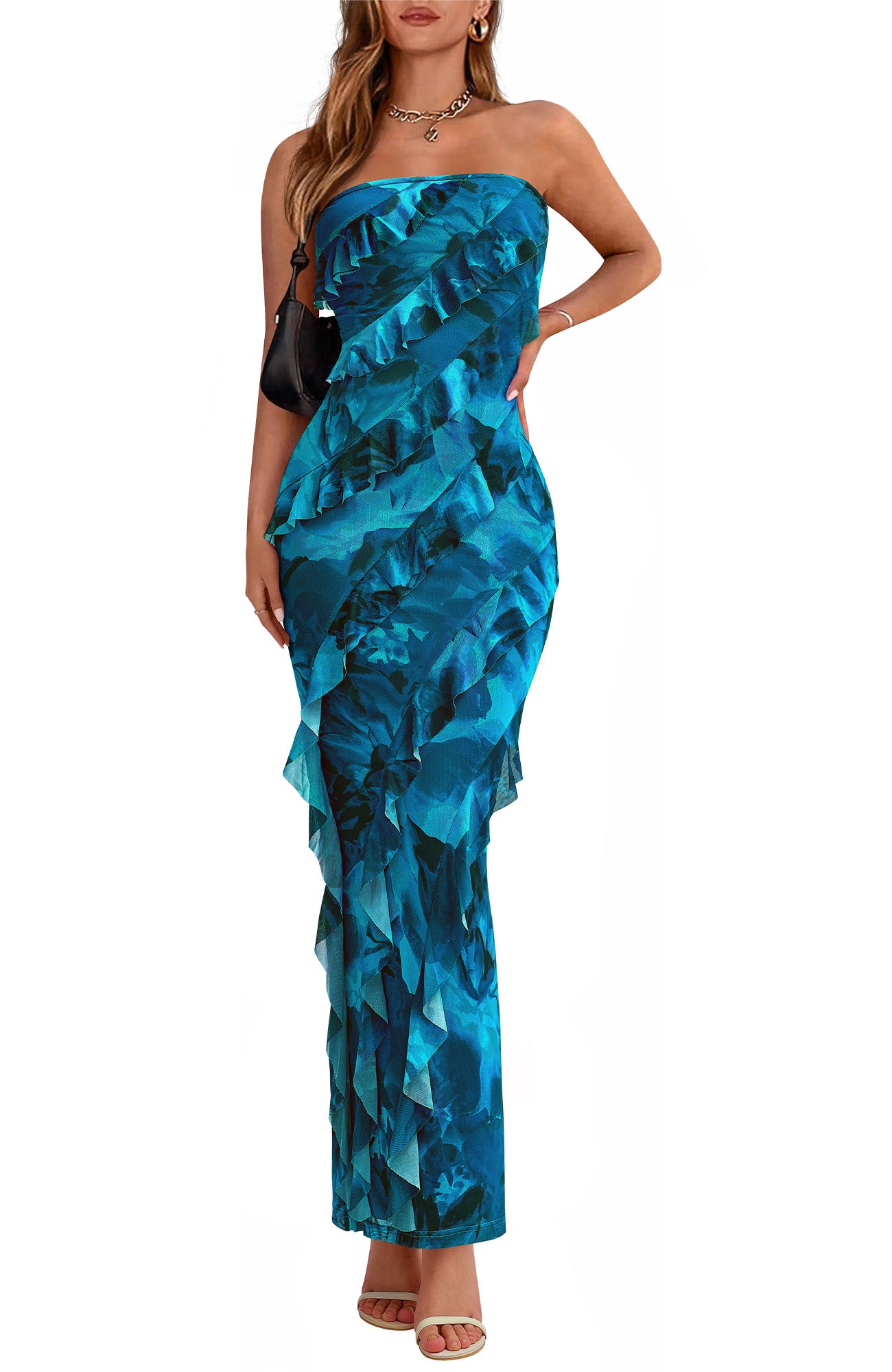 BTFBM Spring Dresses for Women 2025 Strapless Maxi Ruched Bodycon Floral Ruffle Cocktail Formal Wedding Guest Dress