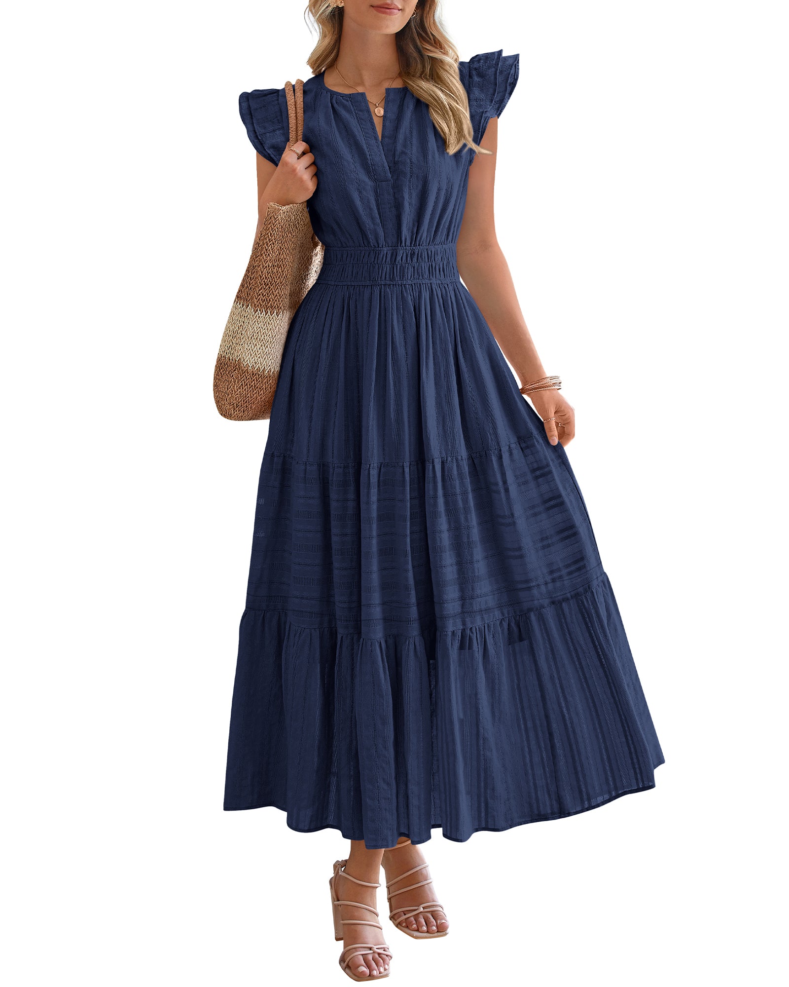 BTFBM Dresses for Women Spring 2026 Maxi Casual Dress Flutter Short Sleeve V Neck Elastic Waist Boho Beach Vacation Pockets