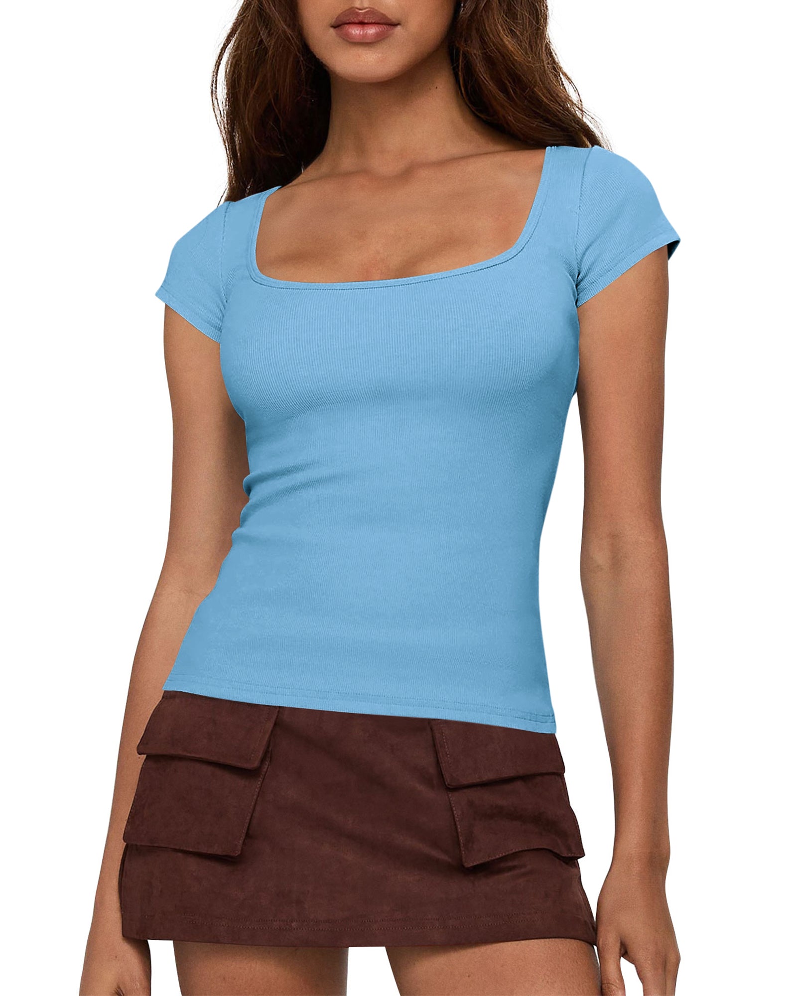 BTFBM T Shirts for Women Square Neck Crop Tops 2025 Spring Trendy Fashion Going Out Workout Y2k Clothes Summer Outfits