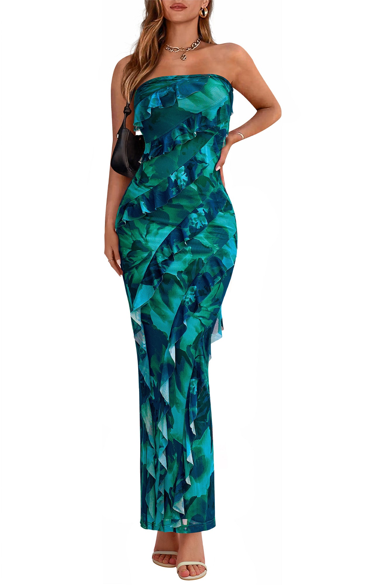 BTFBM Spring Dresses for Women 2025 Strapless Maxi Ruched Bodycon Floral Ruffle Cocktail Formal Wedding Guest Dress