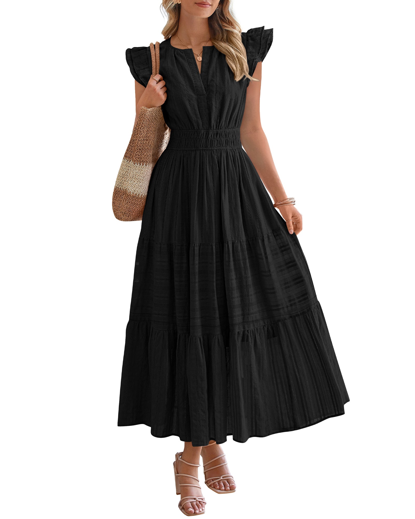 BTFBM Dresses for Women Spring 2026 Maxi Casual Dress Flutter Short Sleeve V Neck Elastic Waist Boho Beach Vacation Pockets