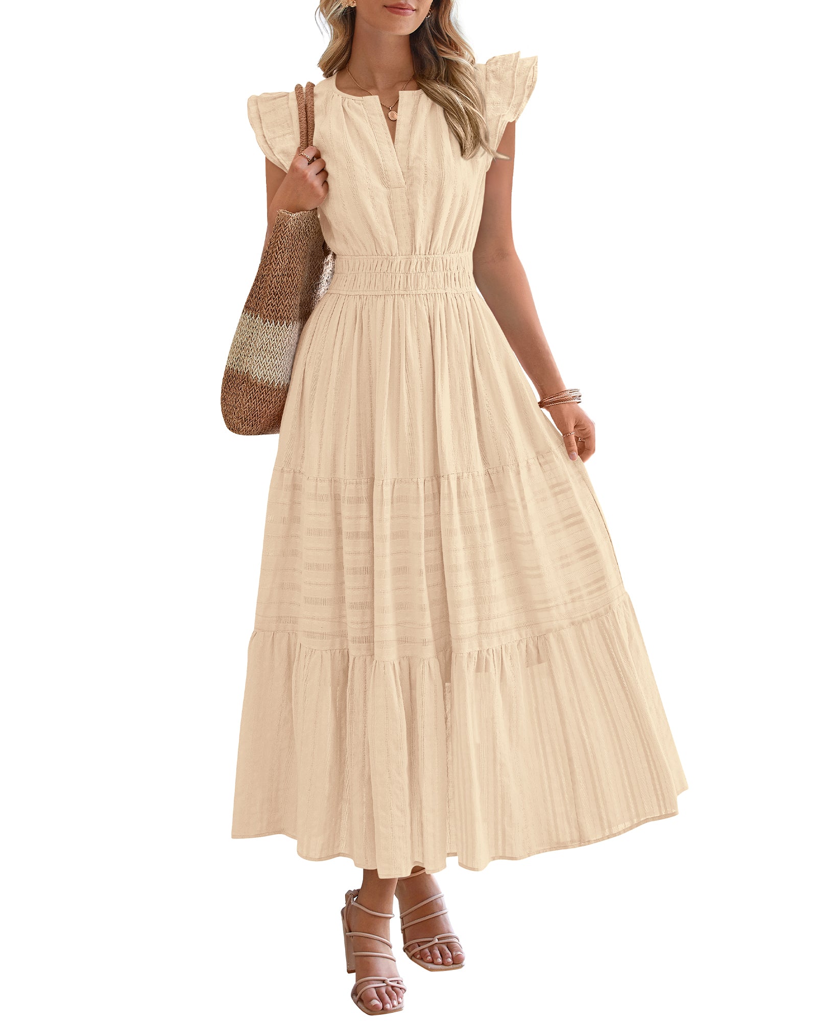 BTFBM Dresses for Women Spring 2026 Maxi Casual Dress Flutter Short Sleeve V Neck Elastic Waist Boho Beach Vacation Pockets