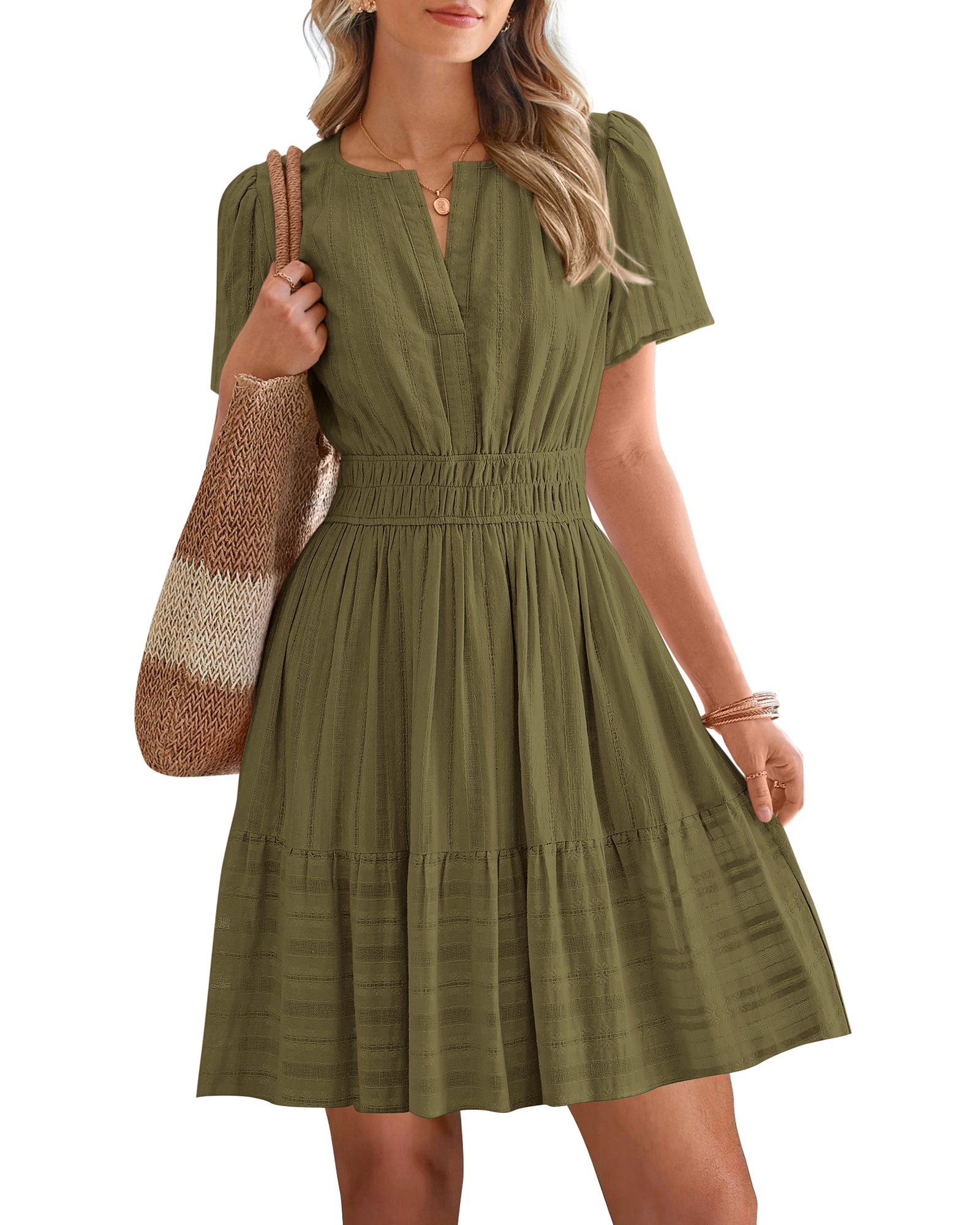 BTFBM Womens Spring 2026 Casual Mini Dresses Lightweight Short Sleeve V Neck Elastic Waist Cute Boho Beach Dress Pockets