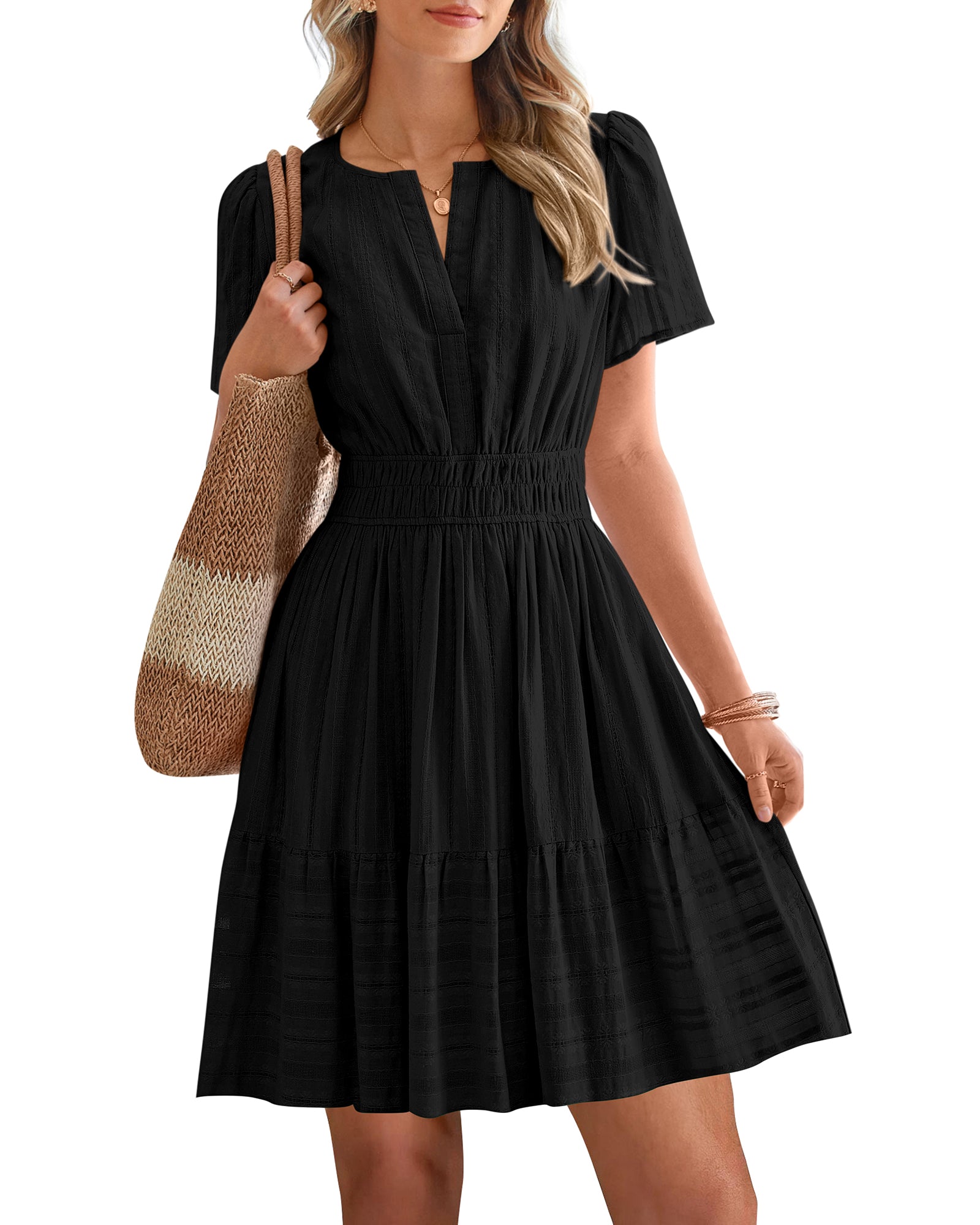 BTFBM Womens Spring 2026 Casual Mini Dresses Lightweight Short Sleeve V Neck Elastic Waist Cute Boho Beach Dress Pockets