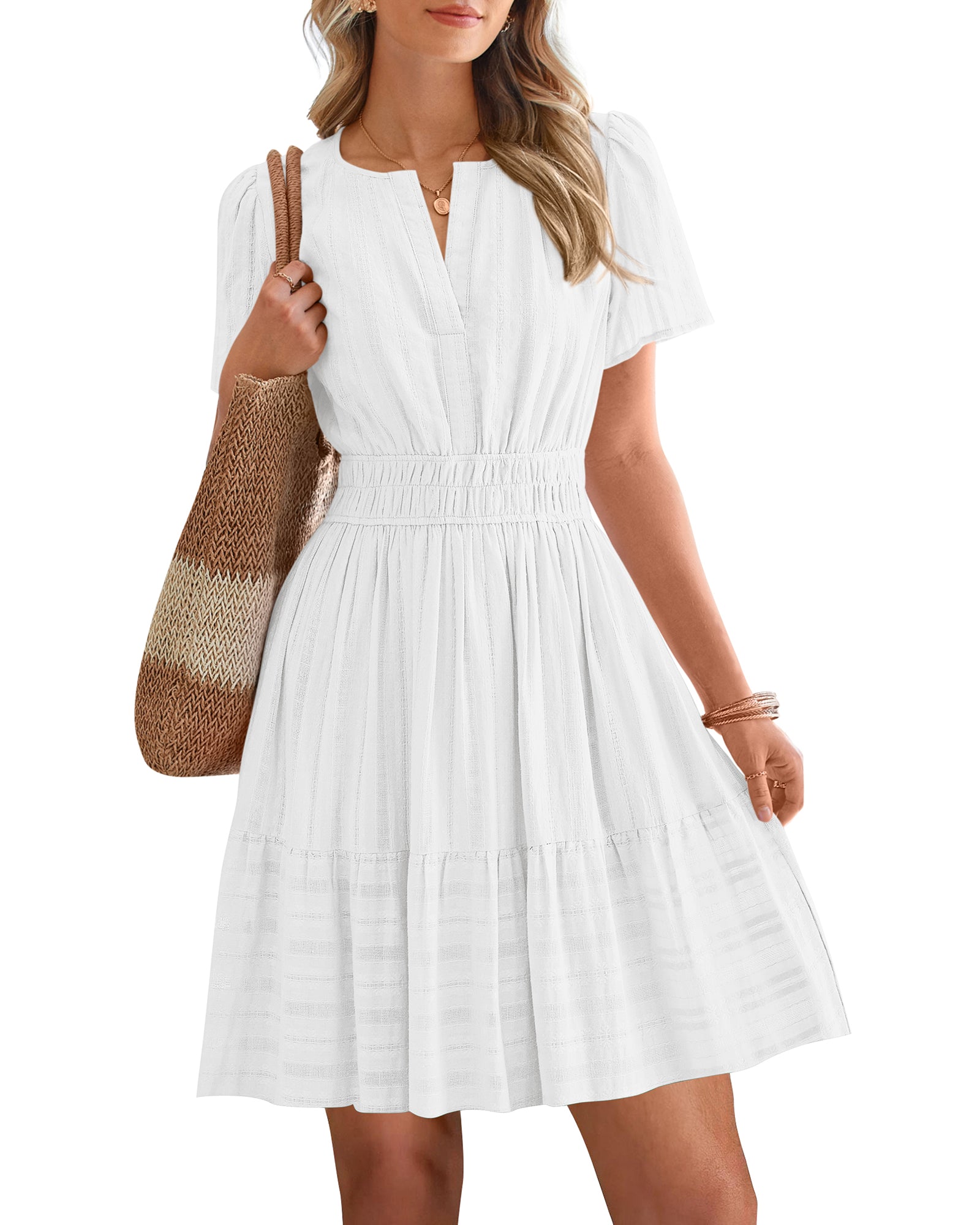 BTFBM Womens Spring 2026 Casual Mini Dresses Lightweight Short Sleeve V Neck Elastic Waist Cute Boho Beach Dress Pockets