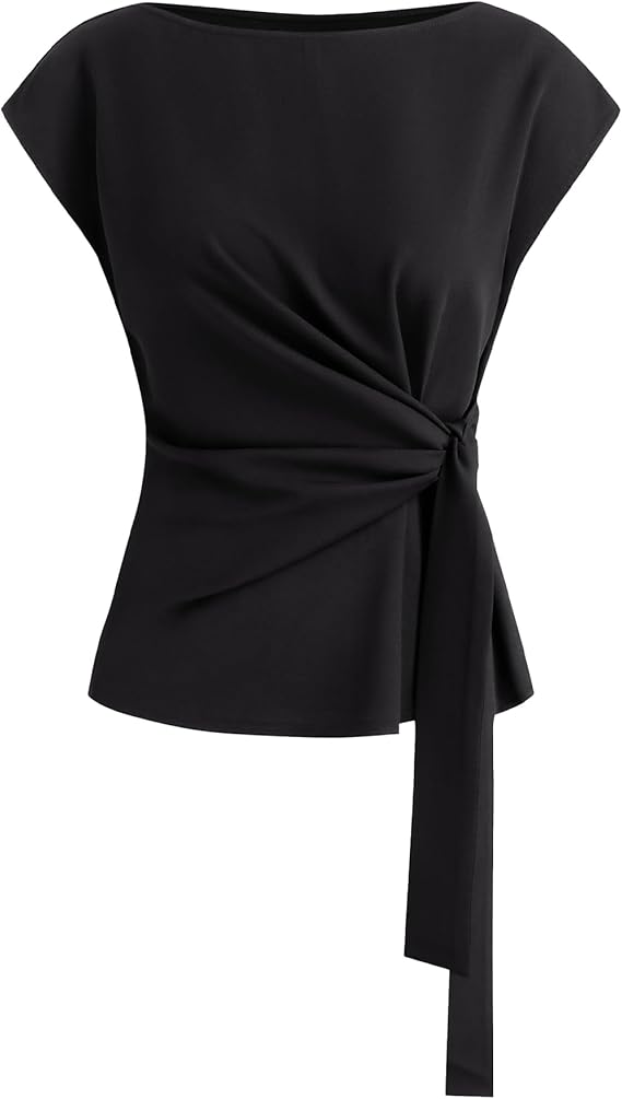 BTFBM Womens Tops Summer 2026 Cap Sleeve Crew Neck Tie Waist Blouses Dressy Casual Business Work Clothes Spring Fashion