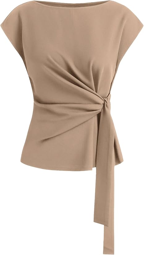 BTFBM Womens Tops Summer 2026 Cap Sleeve Crew Neck Tie Waist Blouses Dressy Casual Business Work Clothes Spring Fashion