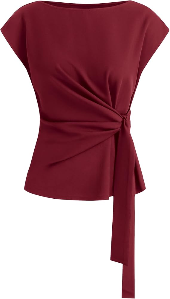 BTFBM Womens Tops Summer 2026 Cap Sleeve Crew Neck Tie Waist Blouses Dressy Casual Business Work Clothes Spring Fashion