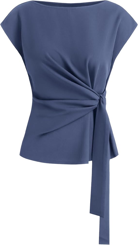 BTFBM Womens Tops Summer 2026 Cap Sleeve Crew Neck Tie Waist Blouses Dressy Casual Business Work Clothes Spring Fashion