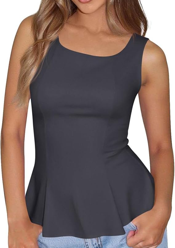 BTFBM Womens Summer Tops 2026 Business Casual Outfits Crew Neck Sleeveless Shirts Slim Fit Peplum Tank Top