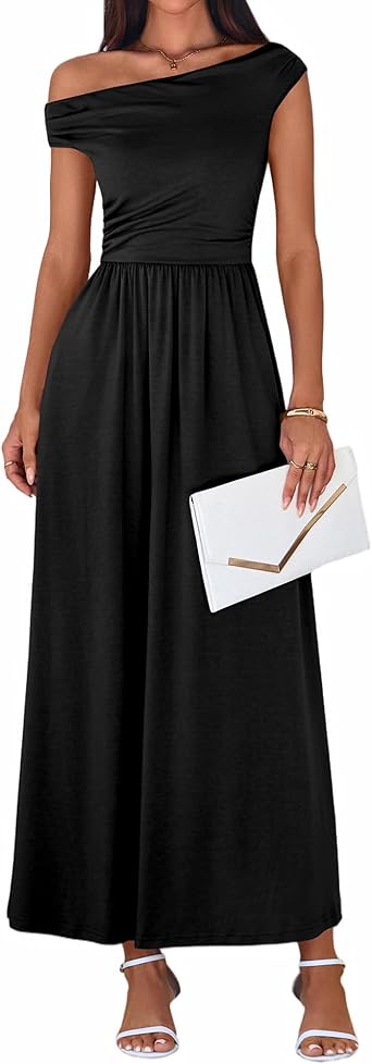 BTFBM One Shoulder Dresses for Women Spring 2026 Sleeveless Casual Flowy Pleated Cocktail Party Maxi Sundress Pockets