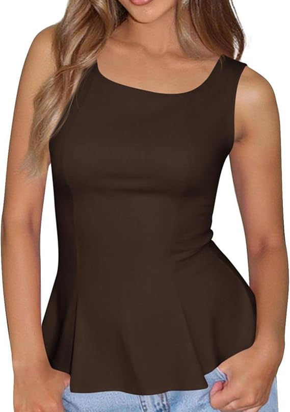 BTFBM Womens Summer Tops 2026 Business Casual Outfits Crew Neck Sleeveless Shirts Slim Fit Peplum Tank Top