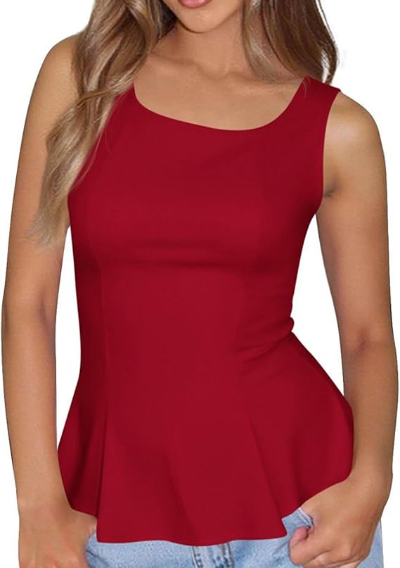 BTFBM Womens Summer Tops 2026 Business Casual Outfits Crew Neck Sleeveless Shirts Slim Fit Peplum Tank Top