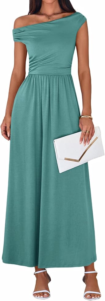 BTFBM One Shoulder Dresses for Women Spring 2026 Sleeveless Casual Flowy Pleated Cocktail Party Maxi Sundress Pockets
