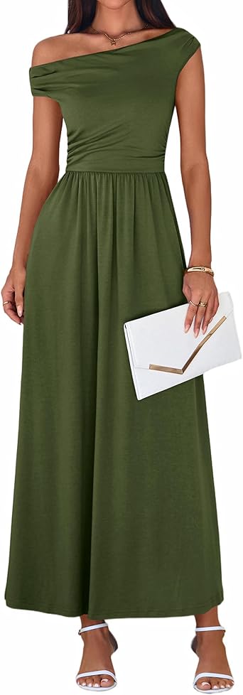 BTFBM One Shoulder Dresses for Women Spring 2026 Sleeveless Casual Flowy Pleated Cocktail Party Maxi Sundress Pockets