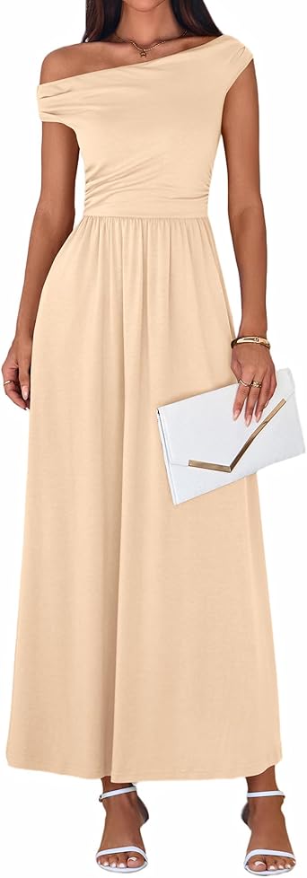 BTFBM One Shoulder Dresses for Women Spring 2026 Sleeveless Casual Flowy Pleated Cocktail Party Maxi Sundress Pockets