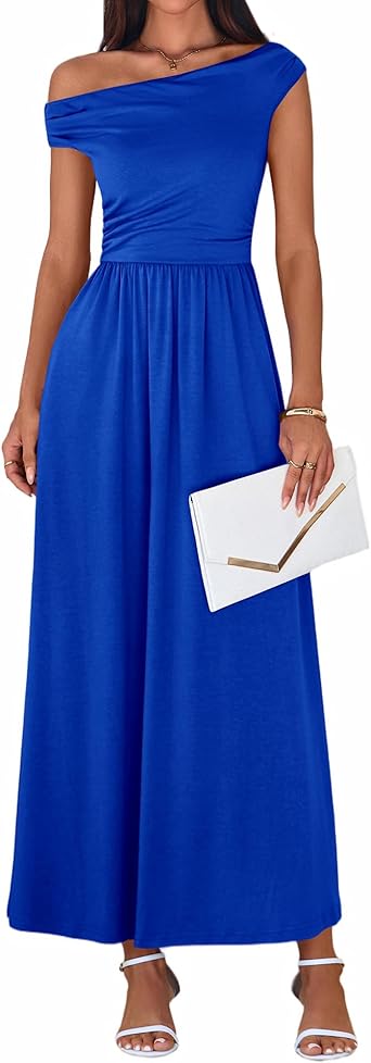 BTFBM One Shoulder Dresses for Women Spring 2026 Sleeveless Casual Flowy Pleated Cocktail Party Maxi Sundress Pockets