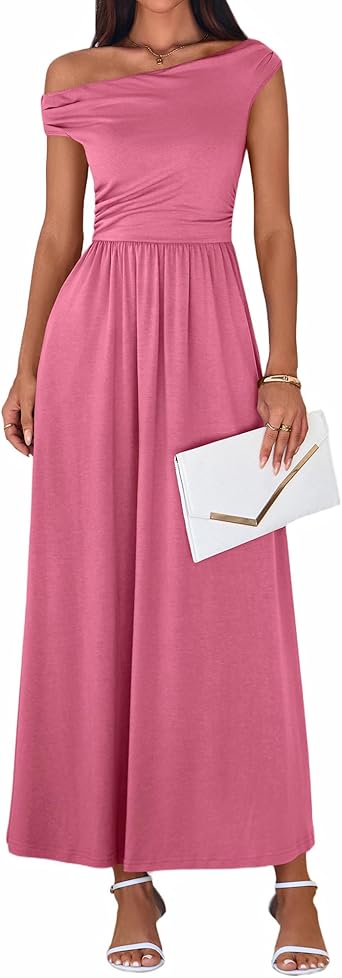 BTFBM One Shoulder Dresses for Women Spring 2026 Sleeveless Casual Flowy Pleated Cocktail Party Maxi Sundress Pockets
