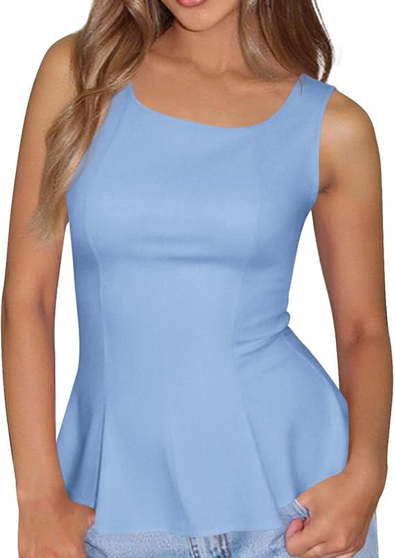 BTFBM Womens Summer Tops 2026 Business Casual Outfits Crew Neck Sleeveless Shirts Slim Fit Peplum Tank Top