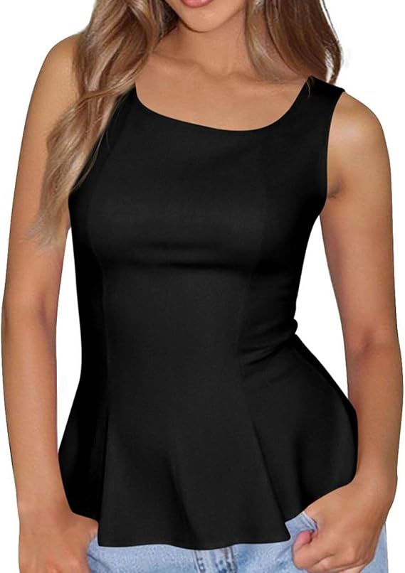 BTFBM Womens Summer Tops 2026 Business Casual Outfits Crew Neck Sleeveless Shirts Slim Fit Peplum Tank Top