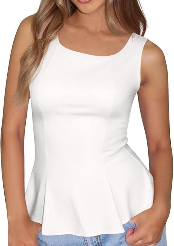 BTFBM Womens Summer Tops 2026 Business Casual Outfits Crew Neck Sleeveless Shirts Slim Fit Peplum Tank Top
