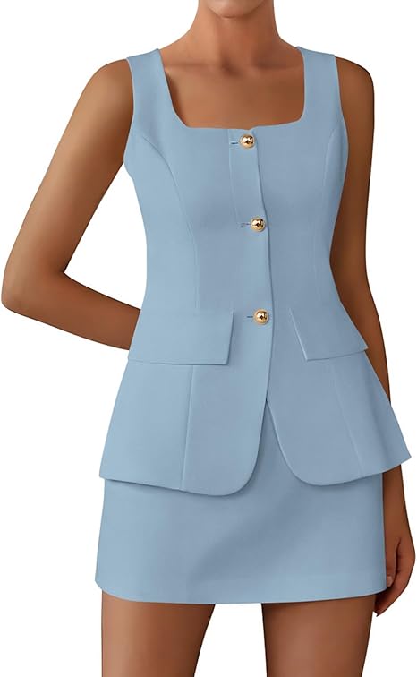 BTFBM 2 Piece Sets For Women Summer 2026 Spring Sleeveless Button Up Blazer Vest Tops Skirt Sets Business Casual Outfits