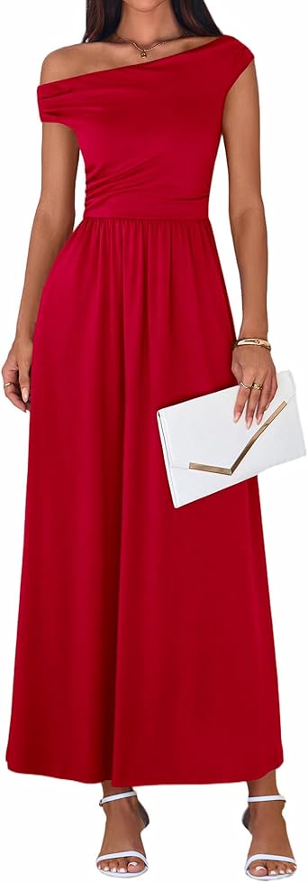 BTFBM One Shoulder Dresses for Women Spring 2026 Sleeveless Casual Flowy Pleated Cocktail Party Maxi Sundress Pockets