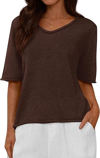BTFBM Sweaters for Women 2026 Summer Oversized Half Short Sleeve Knitted Pullover V Neck‌ Casual Loose Fit Spring Tops