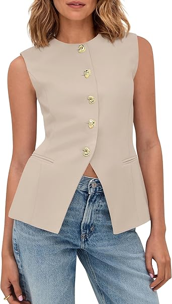 BTFBM Blazers for Women Vest Tops Business Casual Outfits Button Down Sleeveless Pockets Office Work Clothes Spring 2026