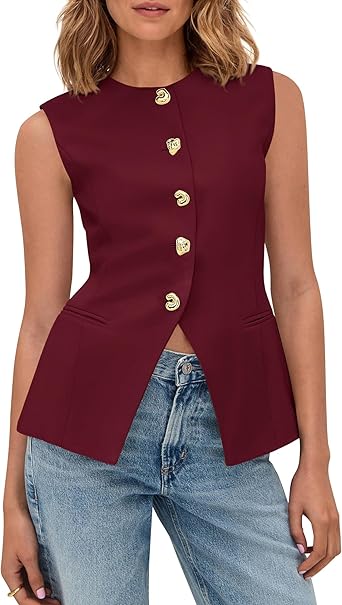 BTFBM Blazers for Women Vest Tops Business Casual Outfits Button Down Sleeveless Pockets Office Work Clothes Spring 2026