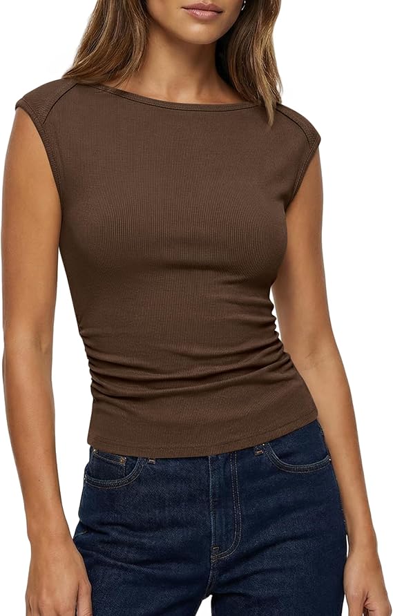 BTFBM Womens Summer Tops 2025 Boat Neck Cap Sleeve Tee Shirts Ruched Slim Fit Knit Going Out Tank Top Fashion Clothing