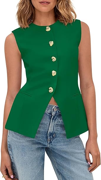 BTFBM Blazers for Women Vest Tops Business Casual Outfits Button Down Sleeveless Pockets Office Work Clothes Spring 2026