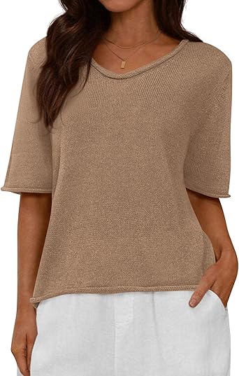 BTFBM Sweaters for Women 2026 Summer Oversized Half Short Sleeve Knitted Pullover V Neck‌ Casual Loose Fit Spring Tops