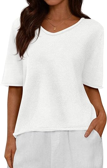 BTFBM Sweaters for Women 2026 Summer Oversized Half Short Sleeve Knitted Pullover V Neck‌ Casual Loose Fit Spring Tops