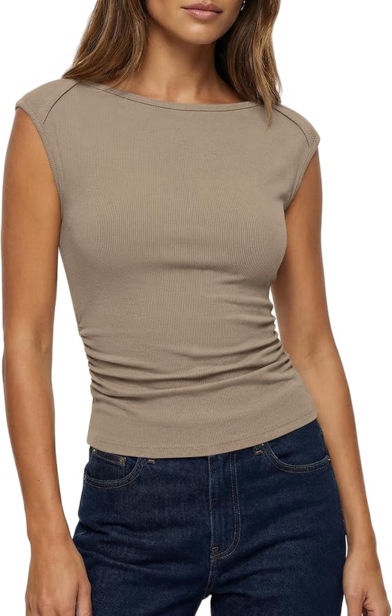 BTFBM Womens Summer Tops 2025 Boat Neck Cap Sleeve Tee Shirts Ruched Slim Fit Knit Going Out Tank Top Fashion Clothing