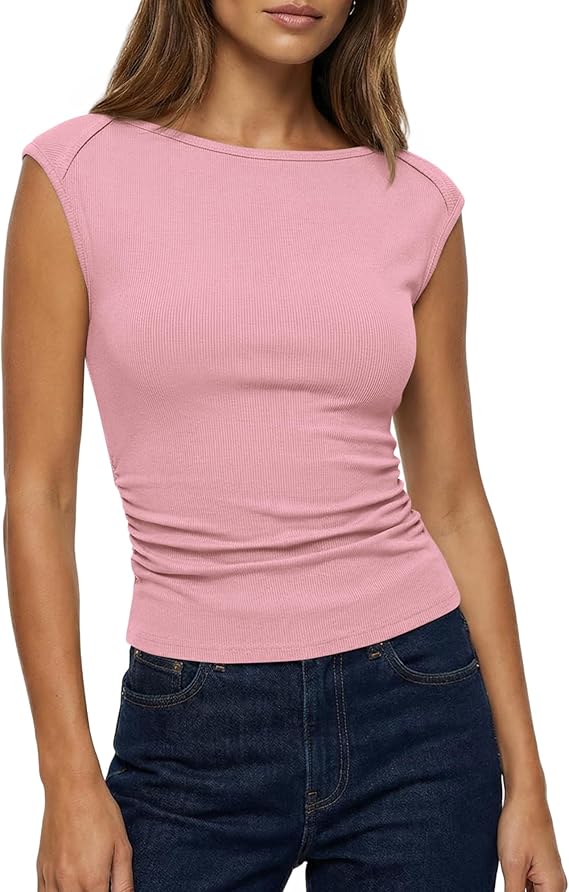 BTFBM Womens Summer Tops 2025 Boat Neck Cap Sleeve Tee Shirts Ruched Slim Fit Knit Going Out Tank Top Fashion Clothing