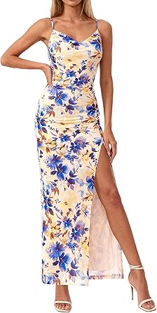 BTFBM Summer Dresses for Women 2026 Bodycon Spaghetti Strap Floral High Split Maxi Cocktail Wedding Guest Dress